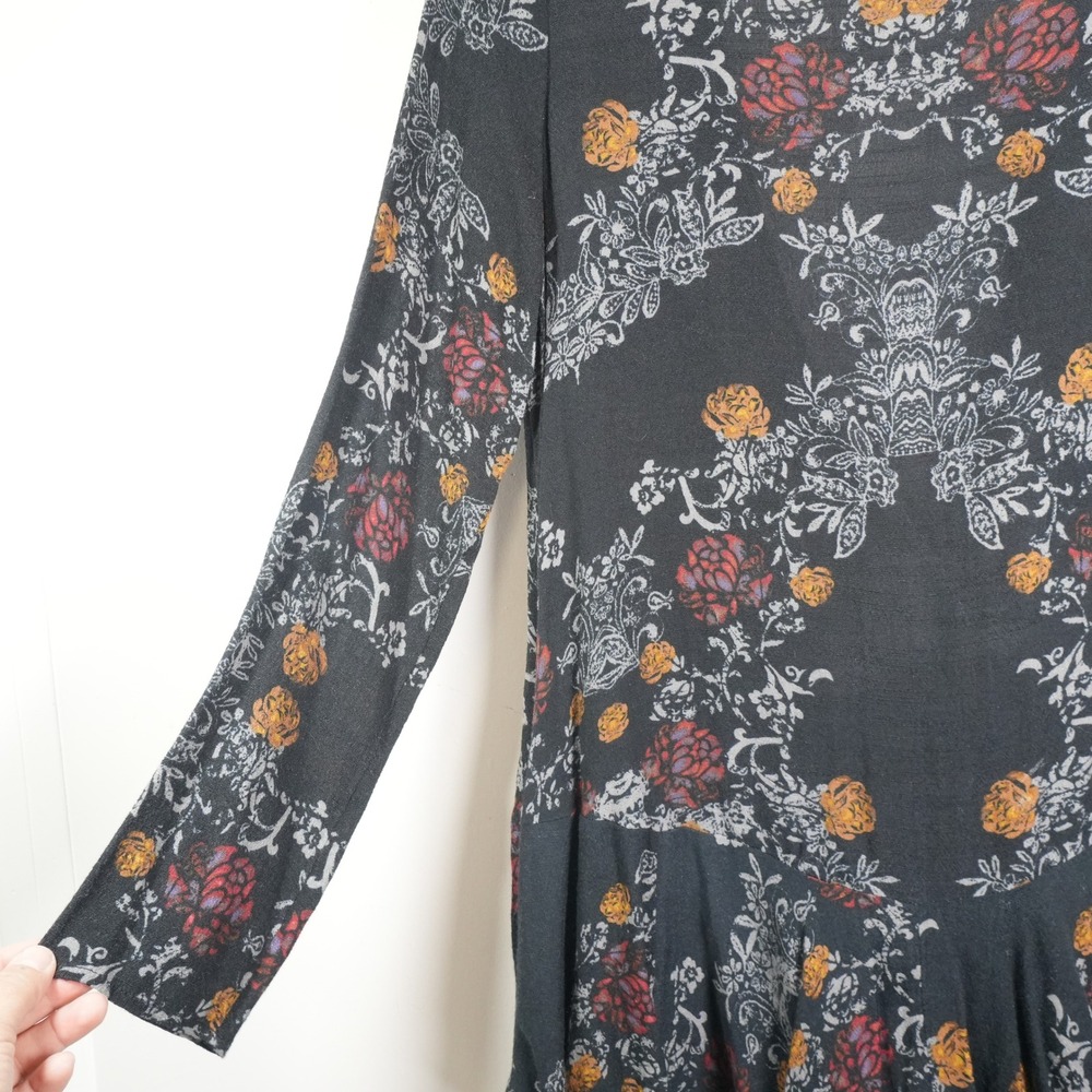 Free People Mini Dress Womens Small Black Floral Damask V-Back Ruffle Boho Tunic - Picture 5 of 10